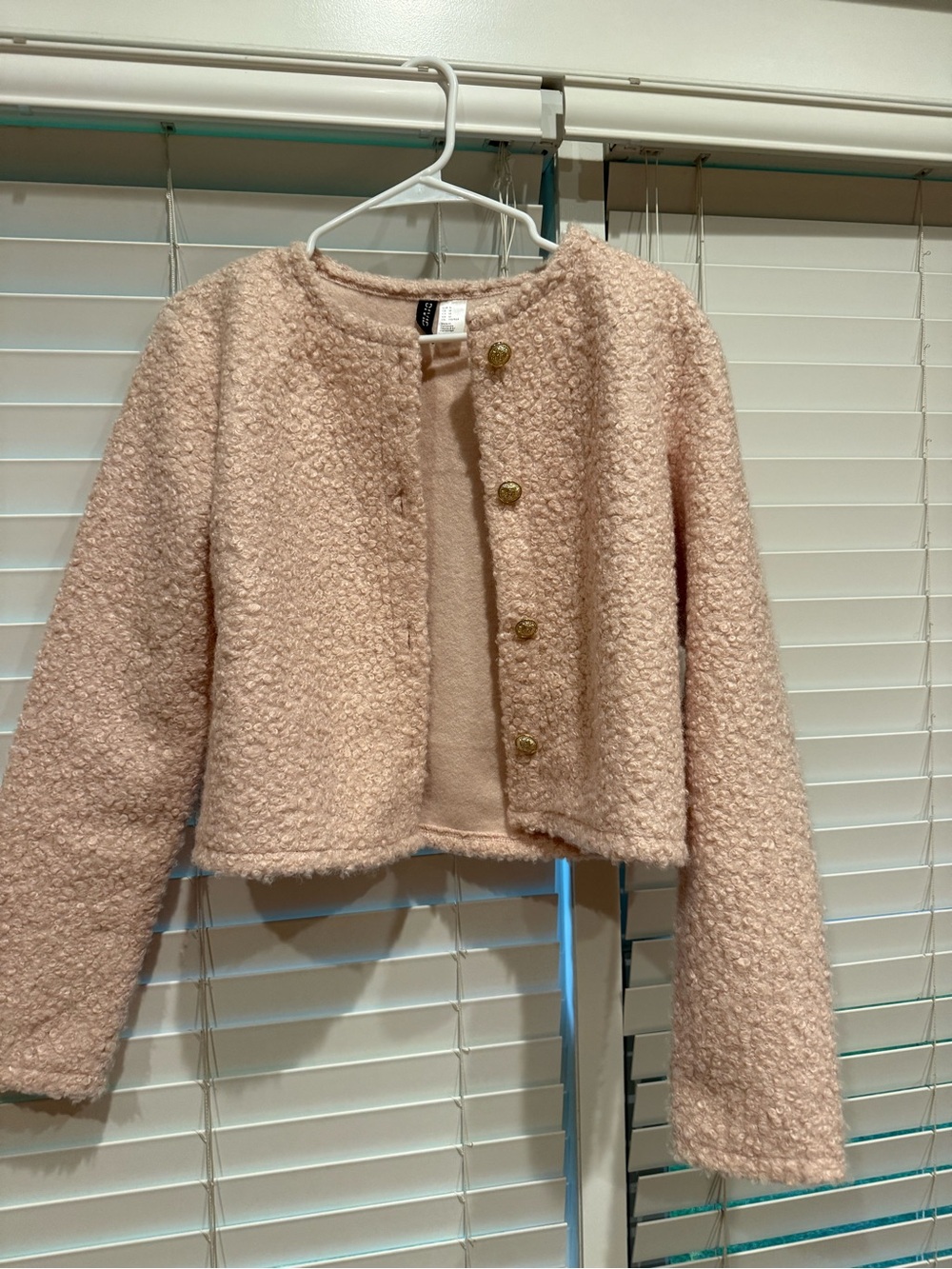 Divided Blush Pink Bouclé Cropped Jacket with Gold Buttons